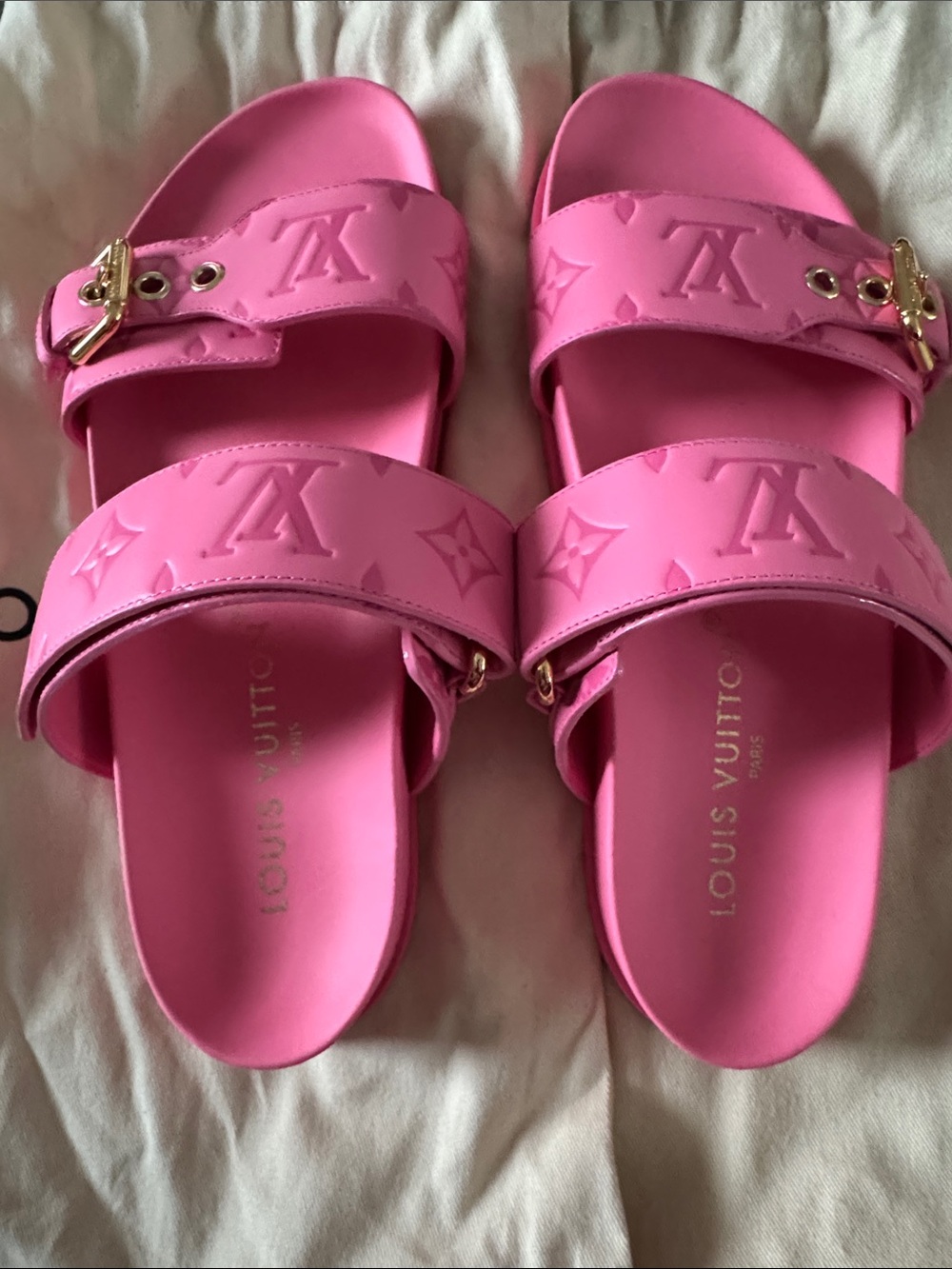 LV Calfskin Monogram Embossed Bom Dia Flat Mule Sandals - Picture 2 of 8
